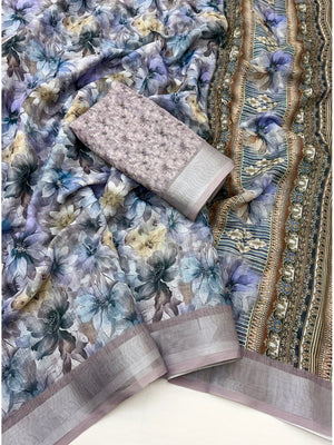 Peachmode Light Blue Floral Printed Linen Saree - Image 2