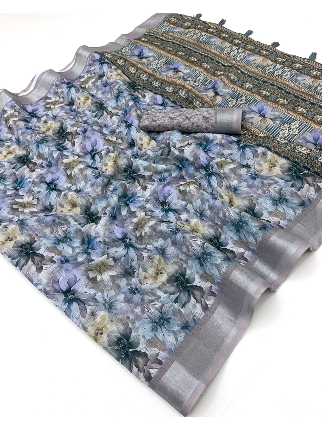 Peachmode Light Blue Floral Printed Linen Saree - Image 3