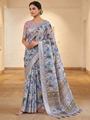 Peachmode Light Blue Floral Printed Linen Saree - Image 1