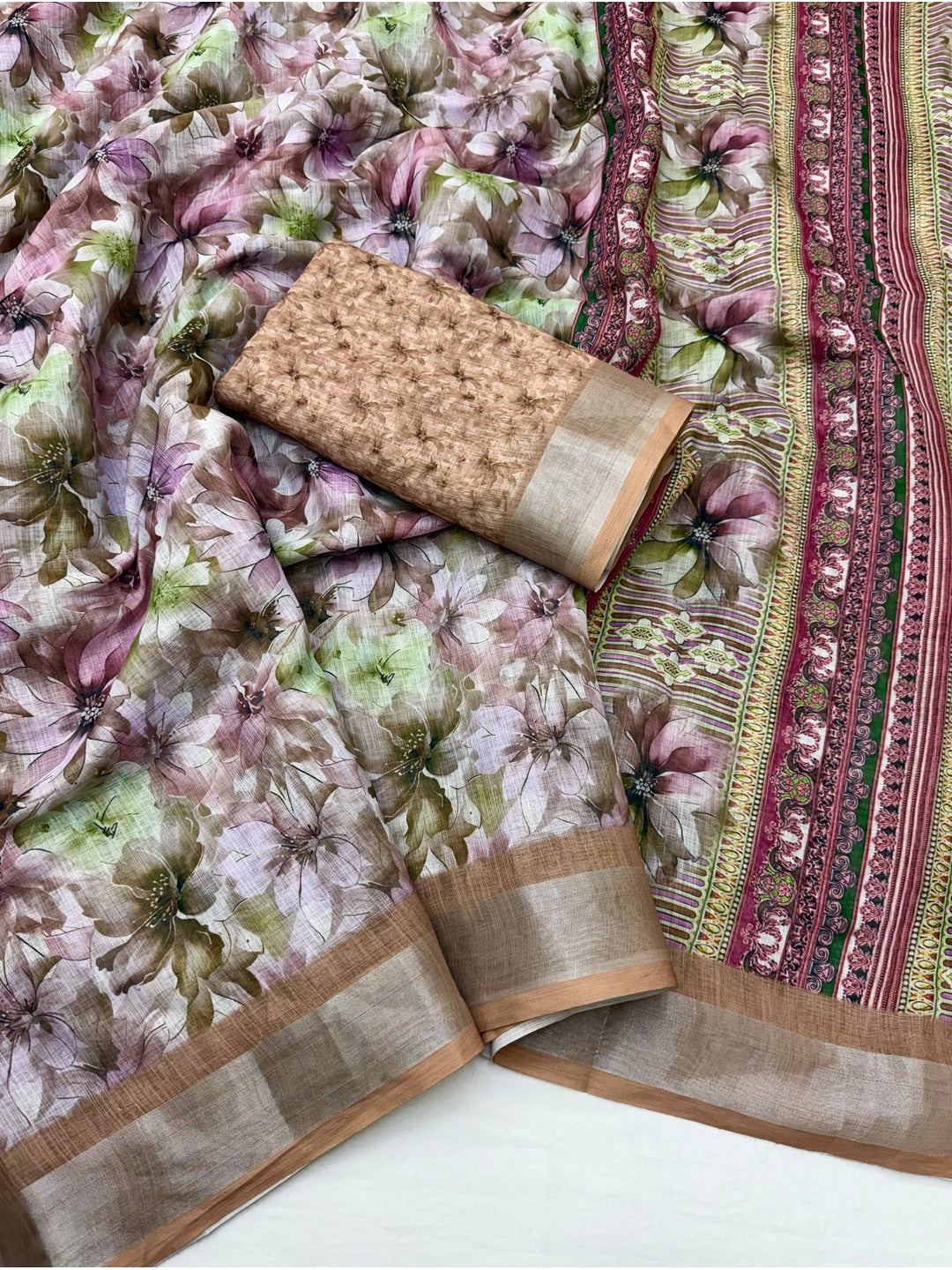 Peachmode Lavender Floral Printed Linen Saree - Image 2