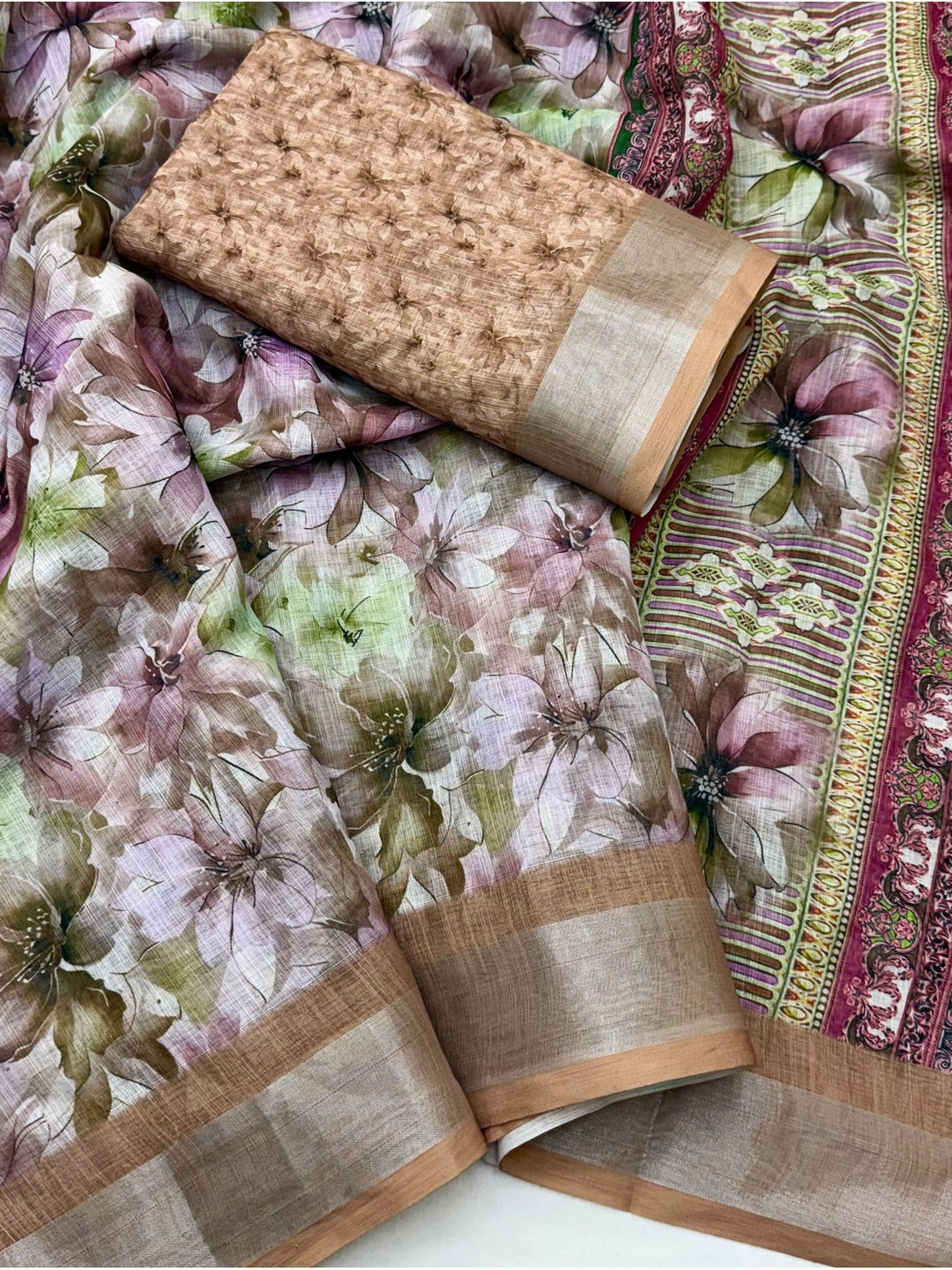 Peachmode Lavender Floral Printed Linen Saree - Image 4
