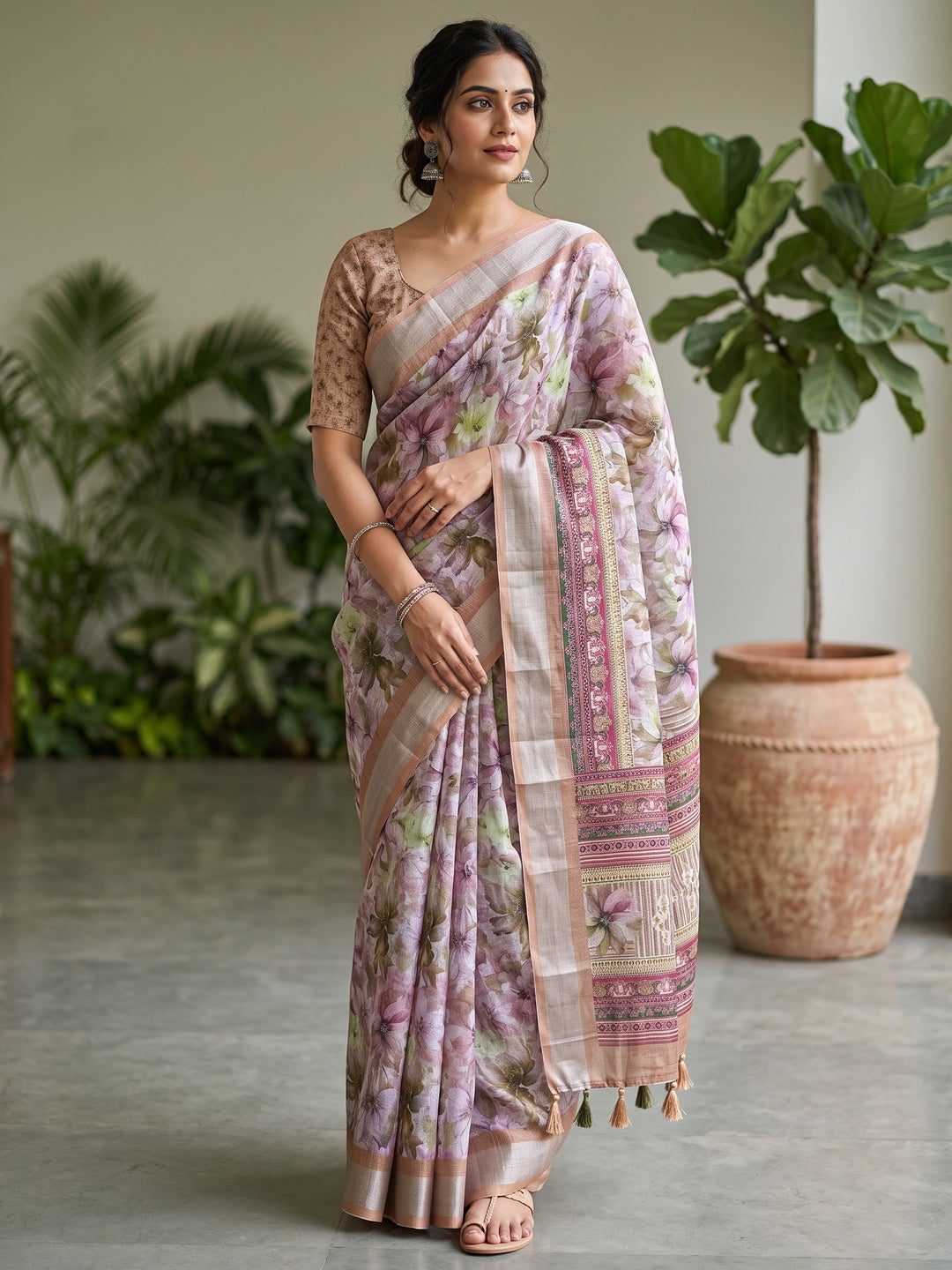 Peachmode Lavender Floral Printed Linen Saree - Image 1