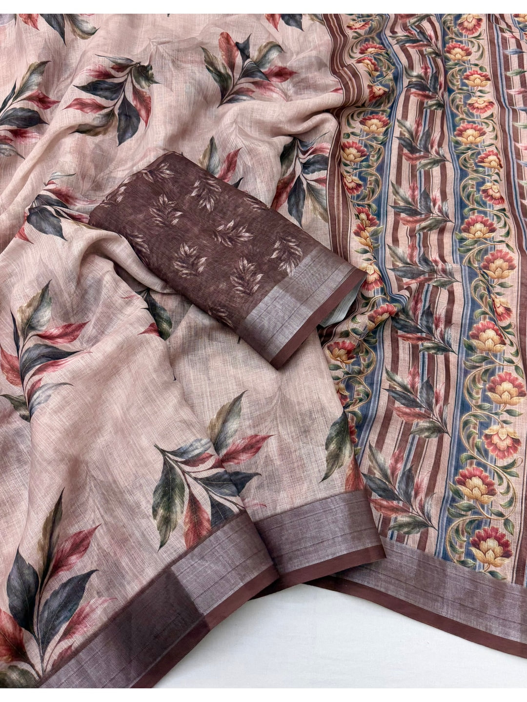 Peachmode Taupe Abstract Printed Linen Saree - Image 2