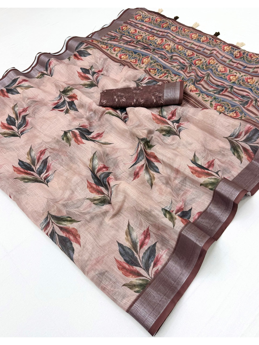 Peachmode Taupe Abstract Printed Linen Saree - Image 3