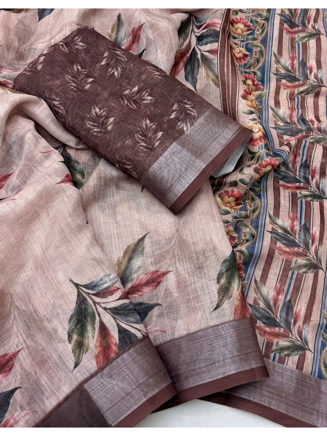 Peachmode Taupe Abstract Printed Linen Saree - Image 4