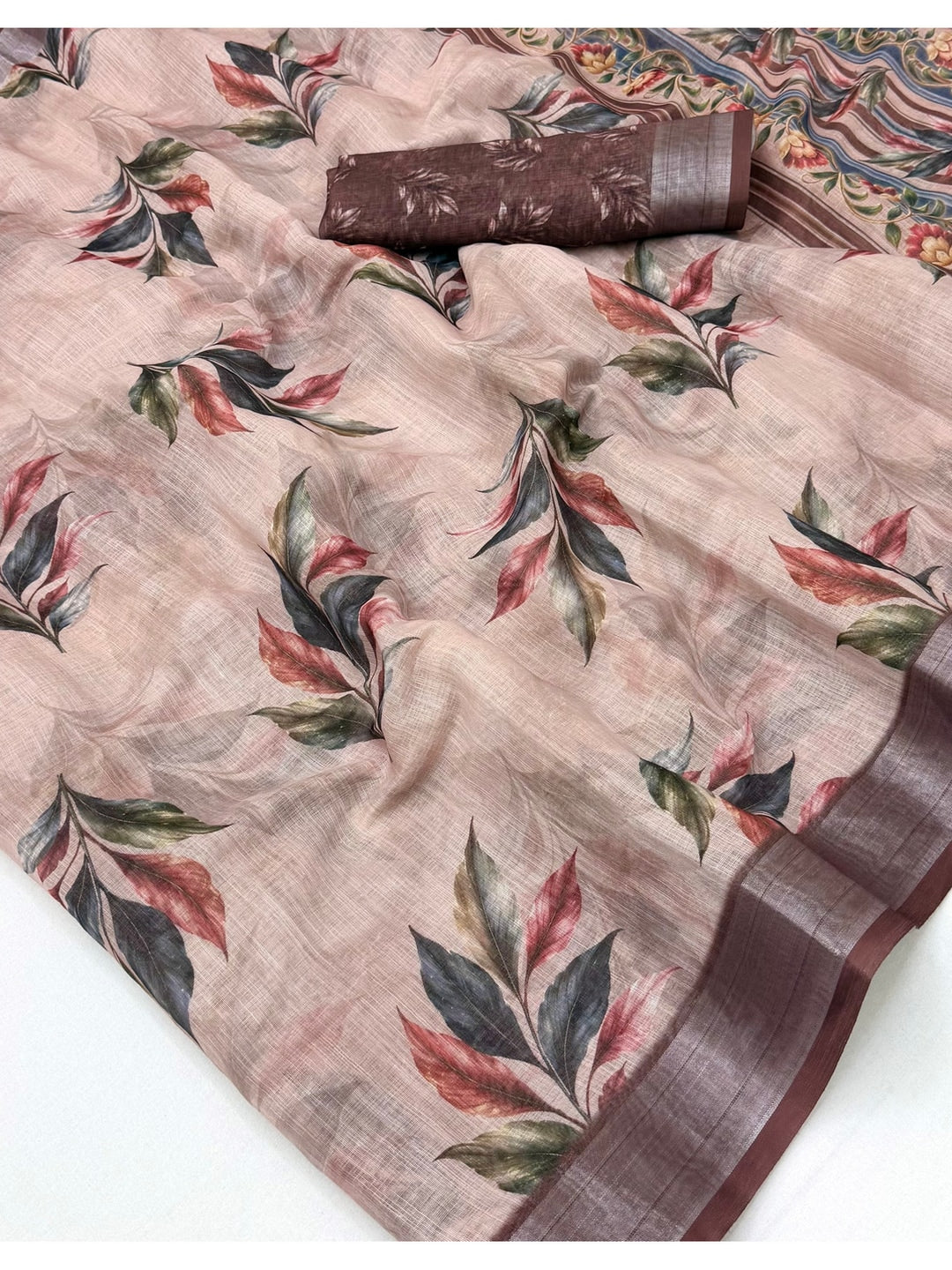 Peachmode Taupe Abstract Printed Linen Saree - Image 5