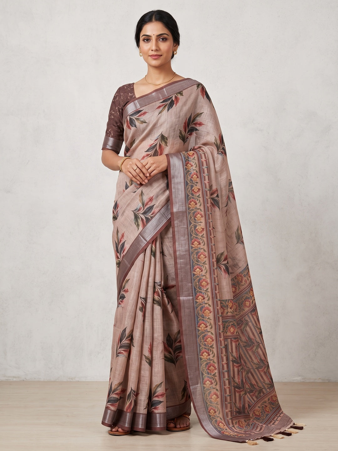 Peachmode Taupe Abstract Printed Linen Saree - Image 1