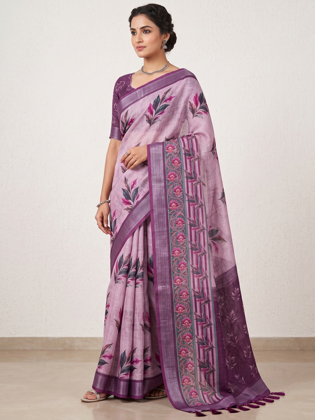 Peachmode Pink Purple Abstract Printed Linen Saree - Image 1