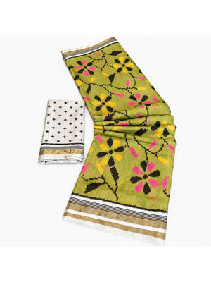 Peachmode Green Ikkat Floral Printed Mul Cotton Saree - Image 2