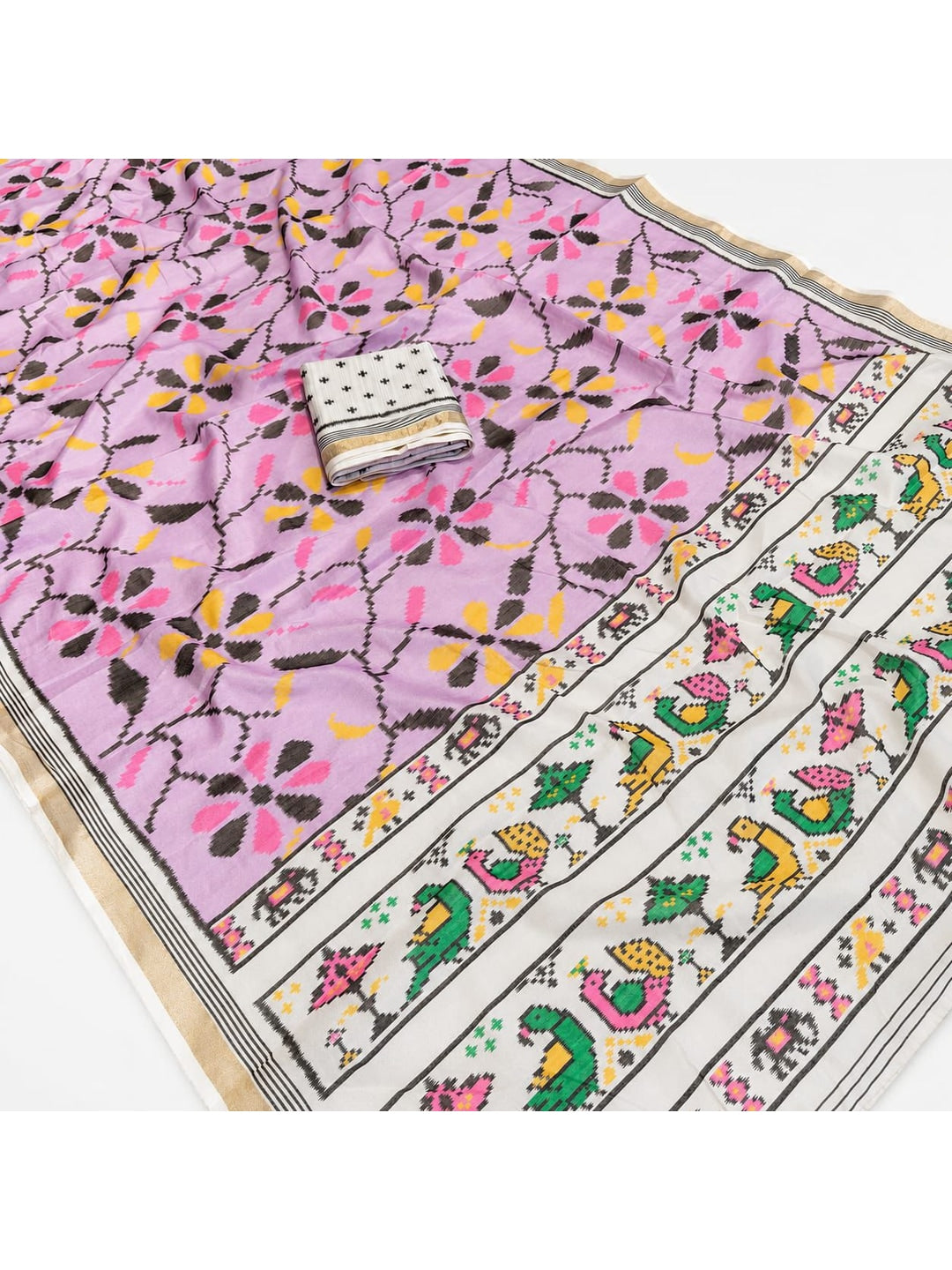 Peachmode Pink Ikkat Floral Printed Mul Cotton Saree - Image 2