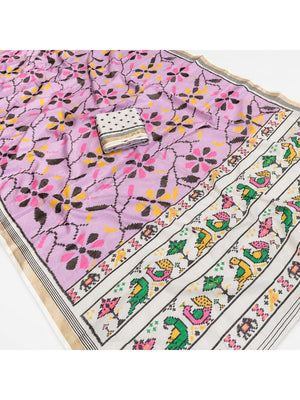 Peachmode Pink Ikkat Floral Printed Mul Cotton Saree - Image 2