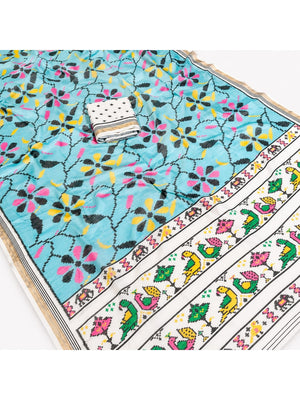 Peachmode Blue Ikkat Floral Printed Mul Cotton Saree - Image 2