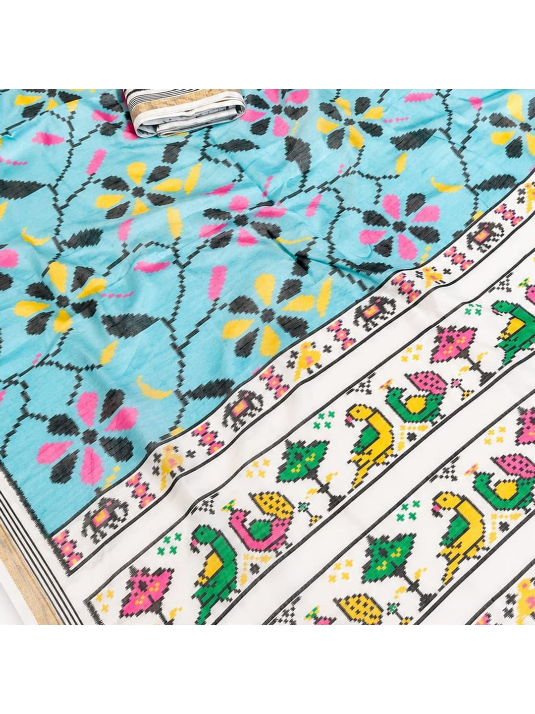 Peachmode Blue Ikkat Floral Printed Mul Cotton Saree - Image 4