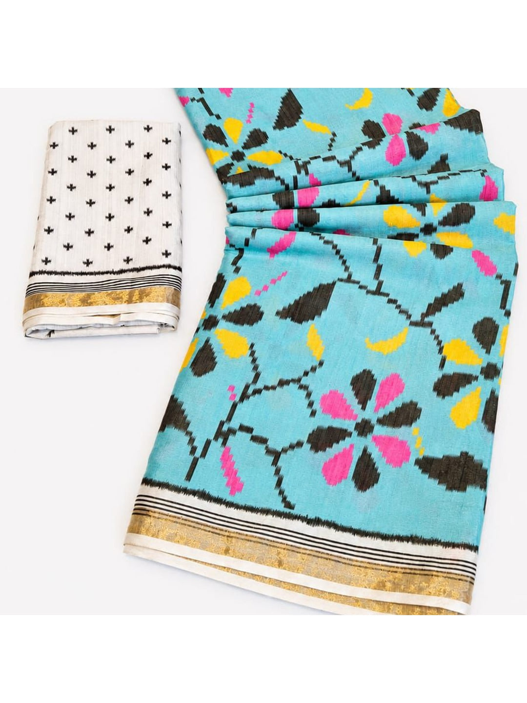 Peachmode Blue Ikkat Floral Printed Mul Cotton Saree - Image 5