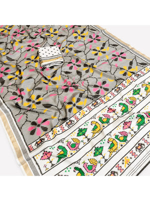 Peachmode Grey Ikkat Floral Printed Mul Cotton Saree - Image 2