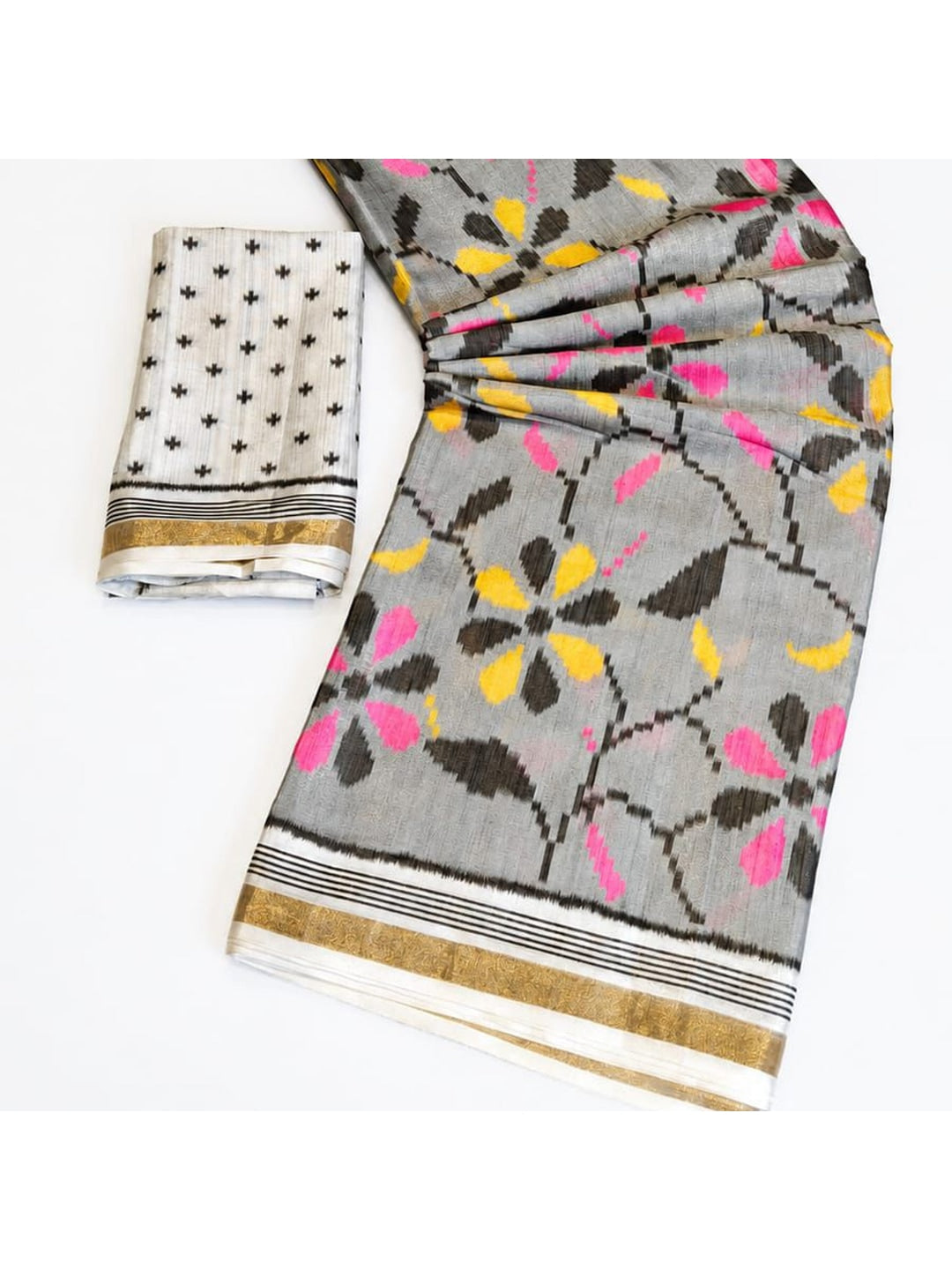 Peachmode Grey Ikkat Floral Printed Mul Cotton Saree - Image 5
