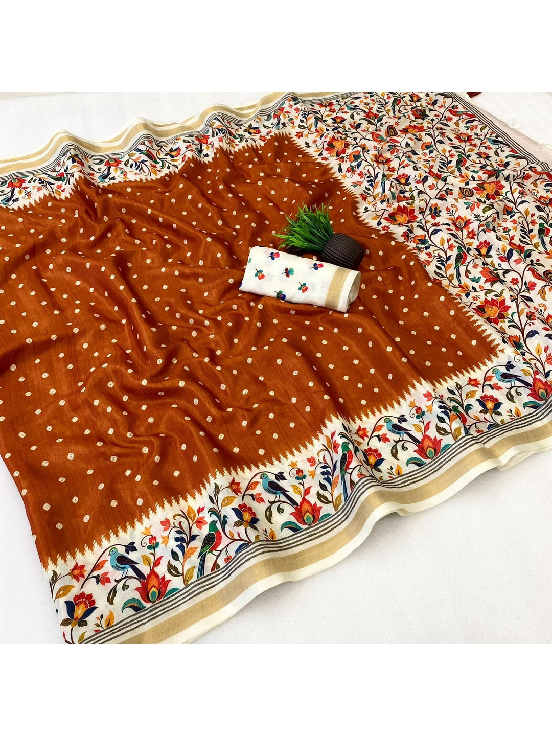 Peachmode Brown Ikkat Border Mulmul Cotton Saree - Image 2
