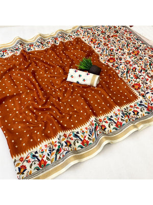 Peachmode Brown Ikkat Border Mulmul Cotton Saree - Image 2