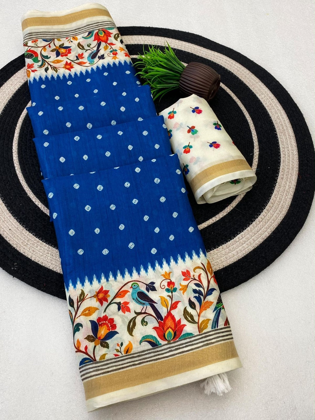 Peachmode Blue Ikkat Border Mulmul Cotton Saree - Image 2