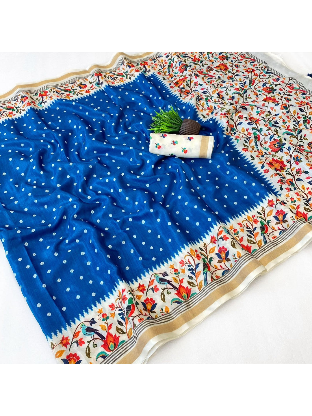 Peachmode Blue Ikkat Border Mulmul Cotton Saree - Image 3