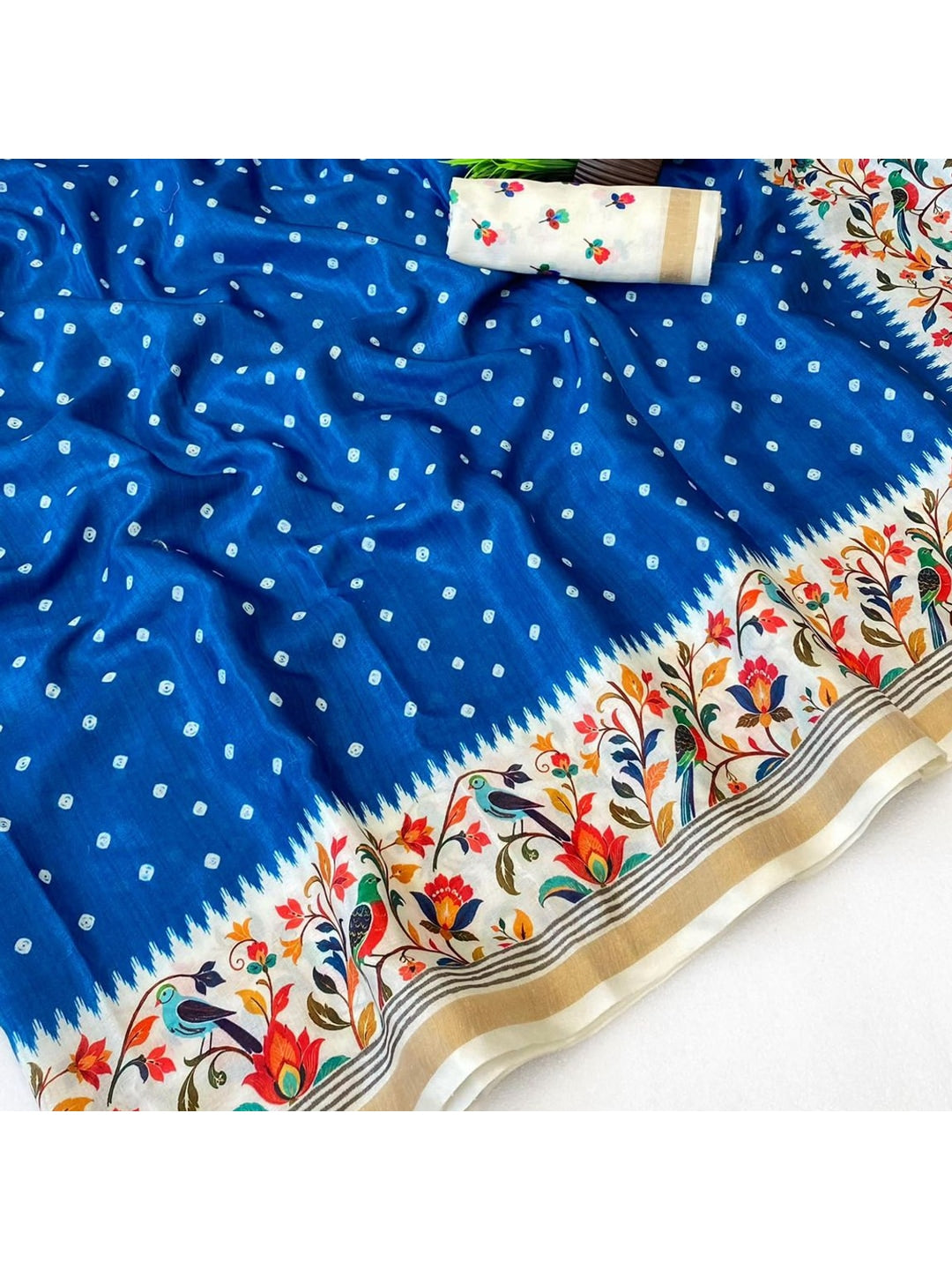 Peachmode Blue Ikkat Border Mulmul Cotton Saree - Image 5