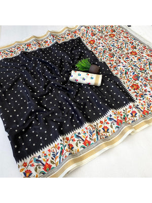 Peachmode Black Ikkat Border Mulmul Cotton Saree - Image 2