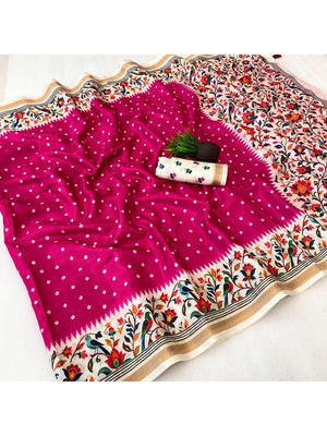 Peachmode Pink Ikkat Border Mulmul Cotton Saree - Image 2