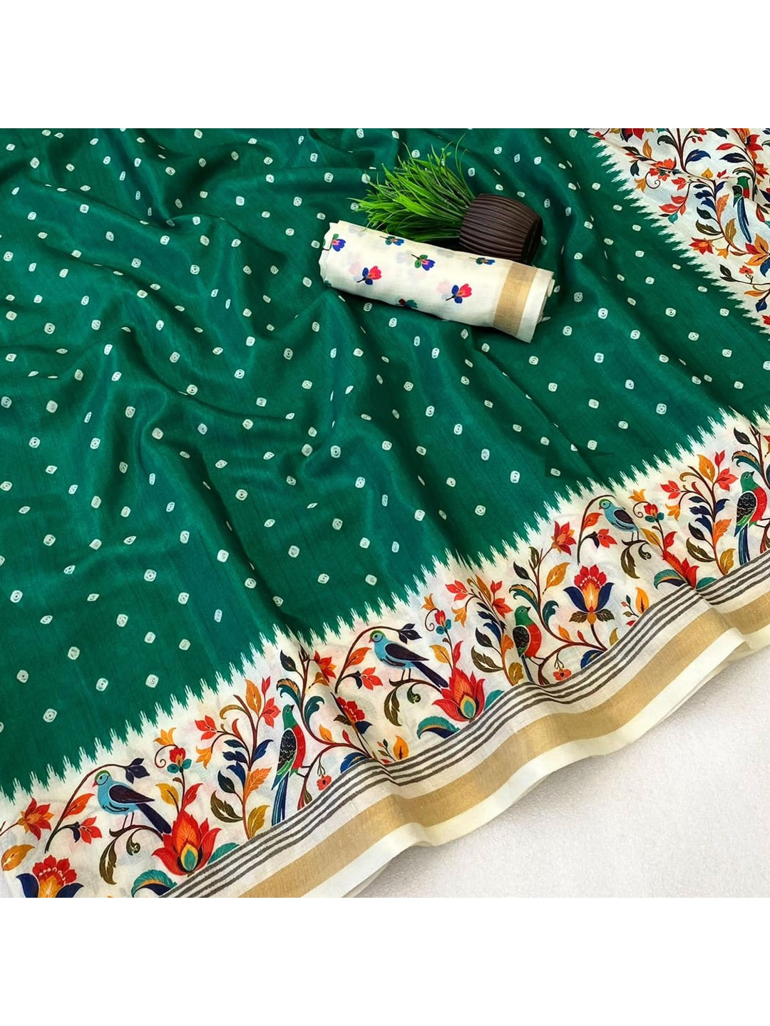 Peachmode Green Ikkat Border Mulmul Cotton Saree - Image 5