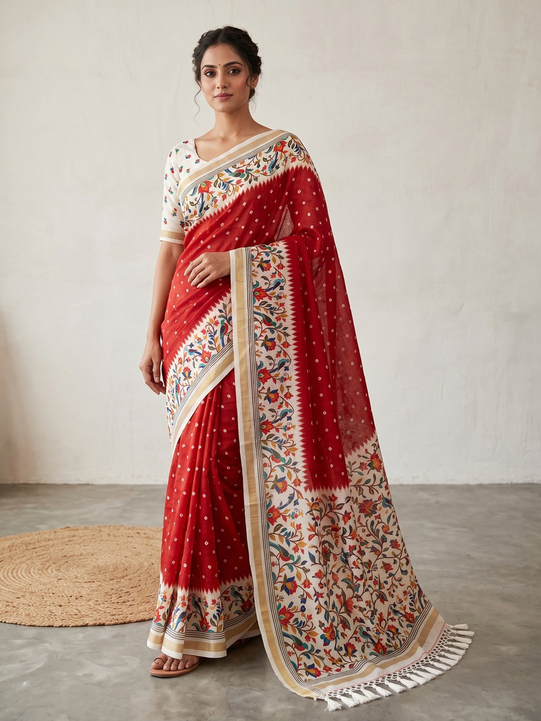 Peachmode Red Ikkat Border Mulmul Cotton Saree - Image 1