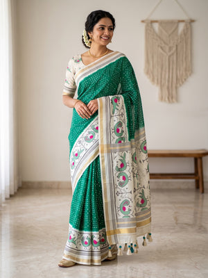 Peachmode Green Ikkat Bandhni Mulmul Cotton Saree - Image 1