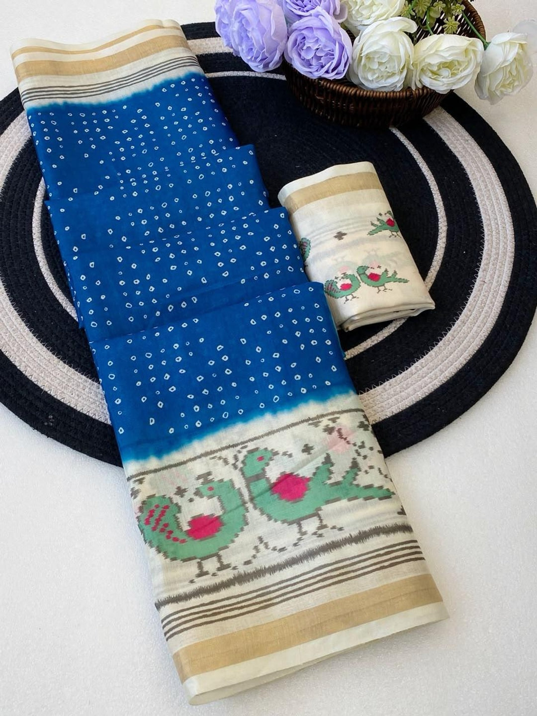 Peachmode Blue Ikkat Bandhni Mulmul Cotton Saree - Image 2