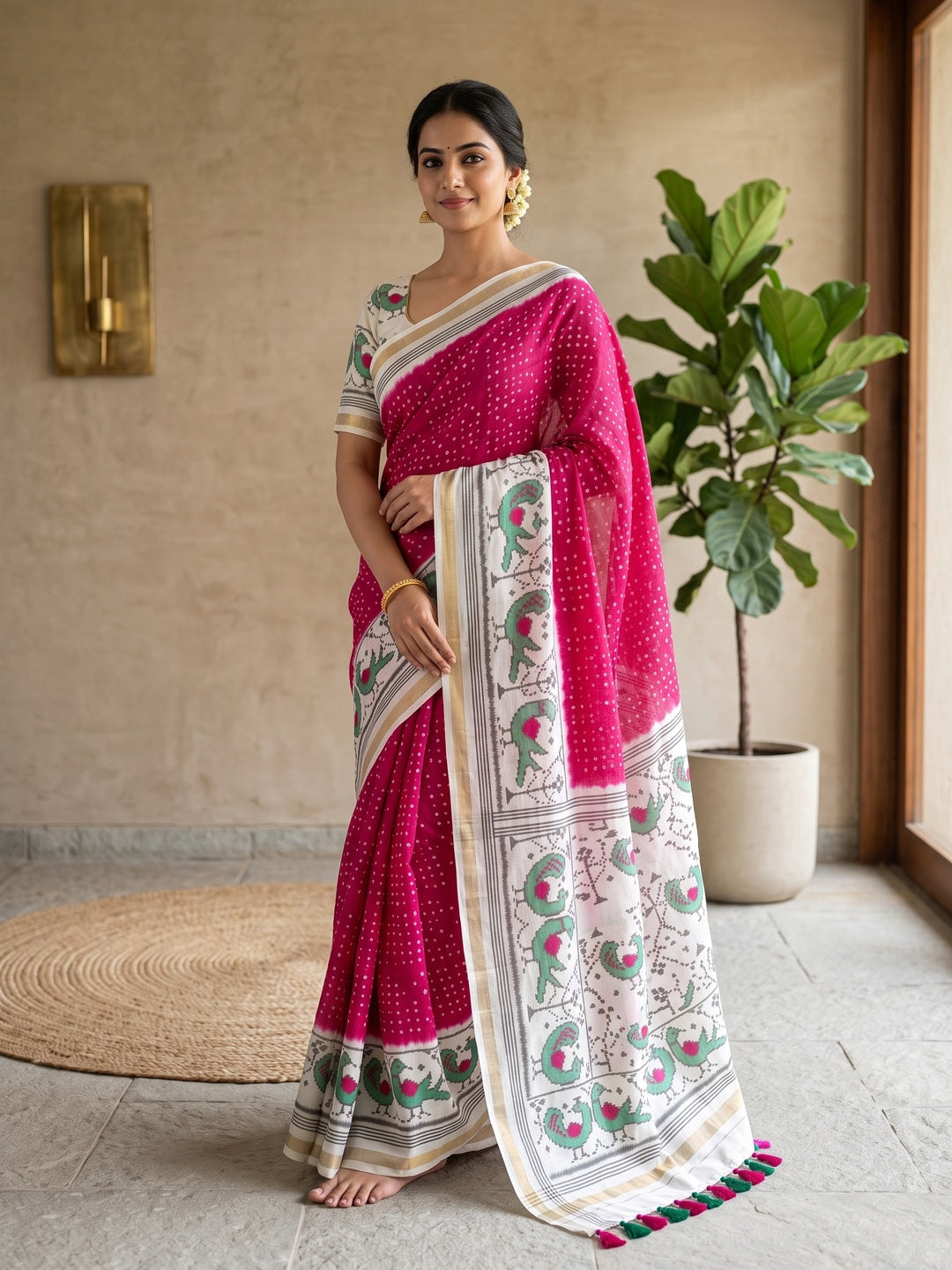 Peachmode Pink Ikkat Bandhni Mulmul Cotton Saree - Image 1