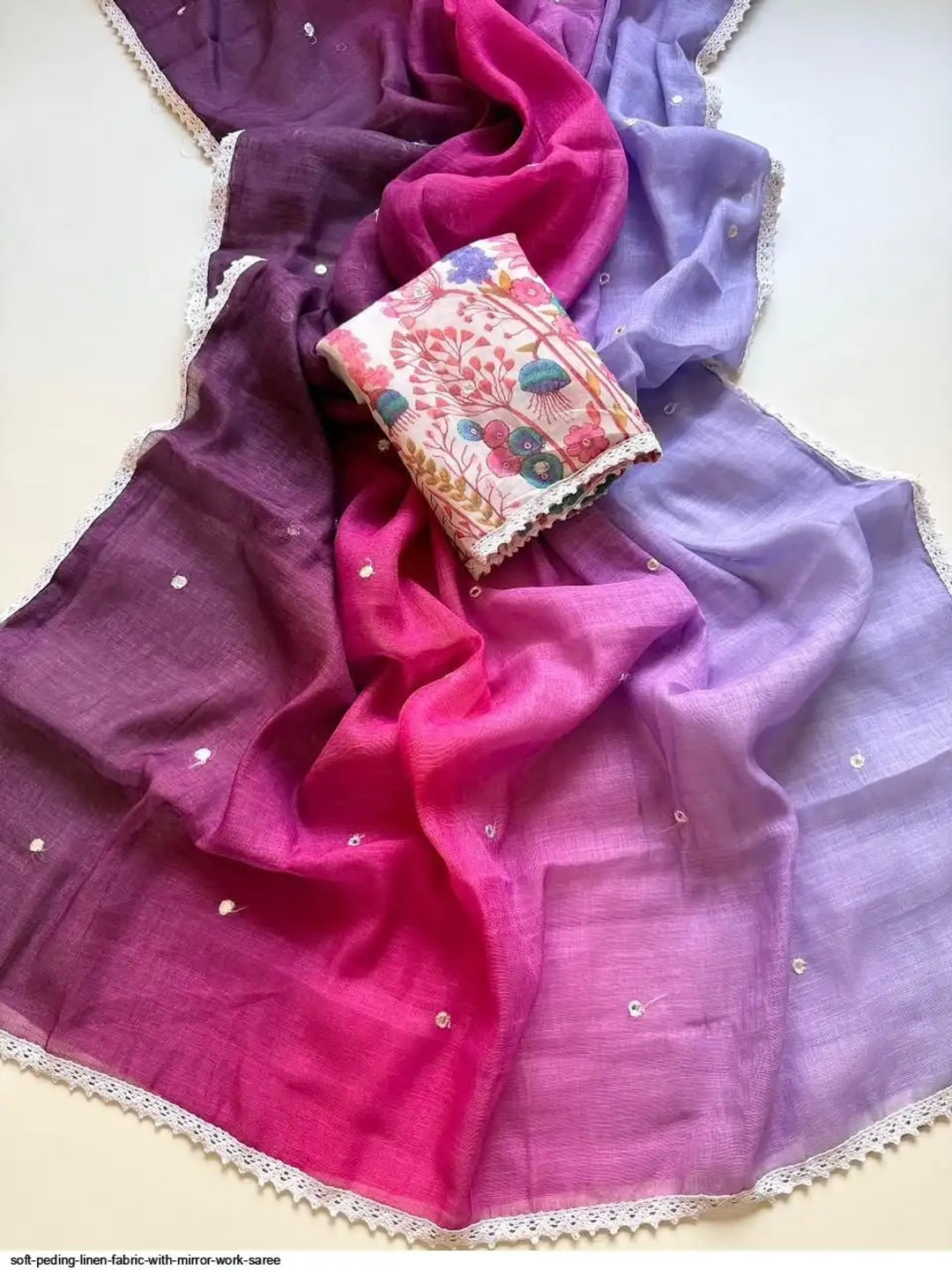 Peachmode Purple Pink Ombre Linen Cotton Saree - Image 2