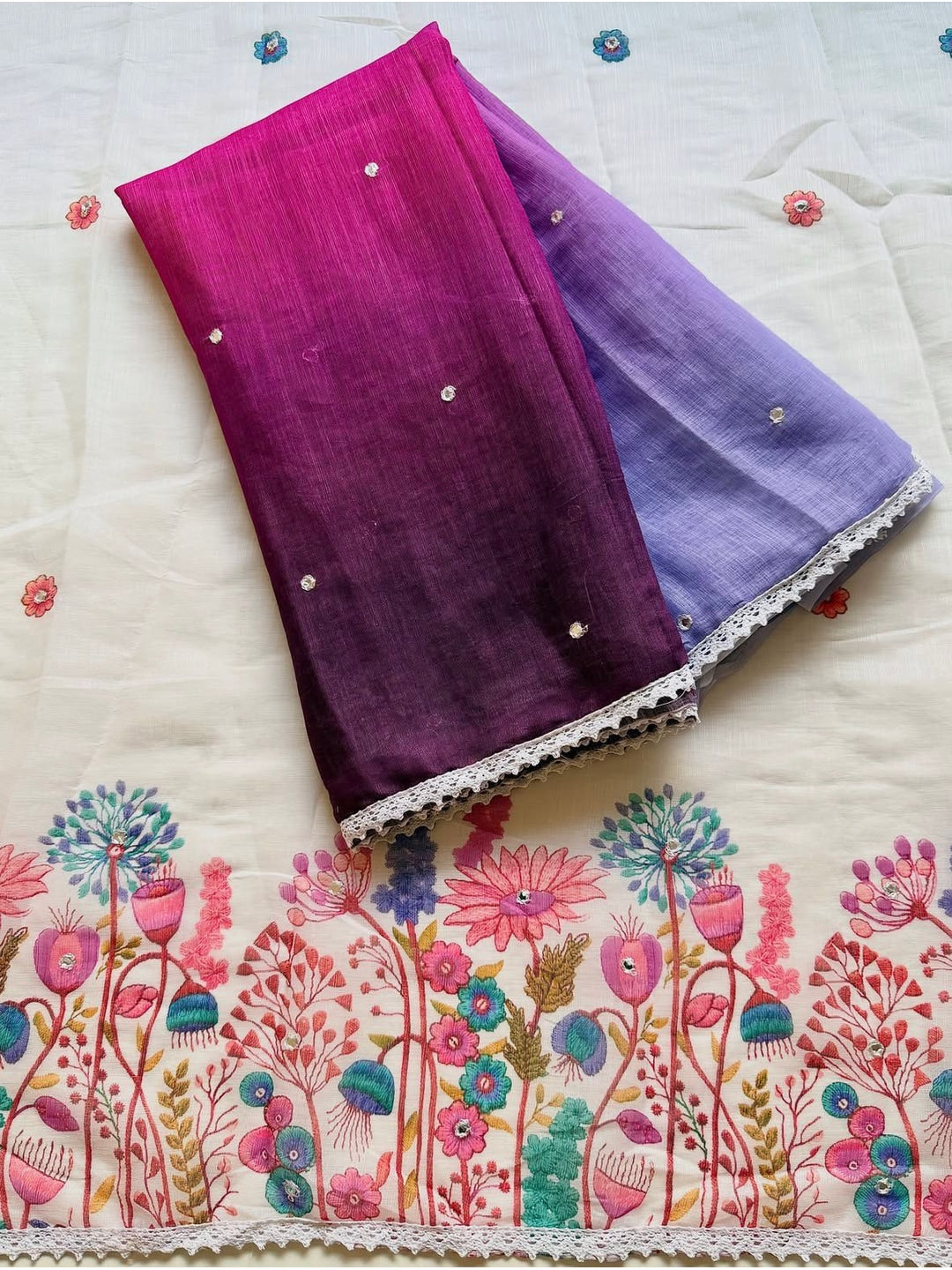 Peachmode Purple Pink Ombre Linen Cotton Saree - Image 4