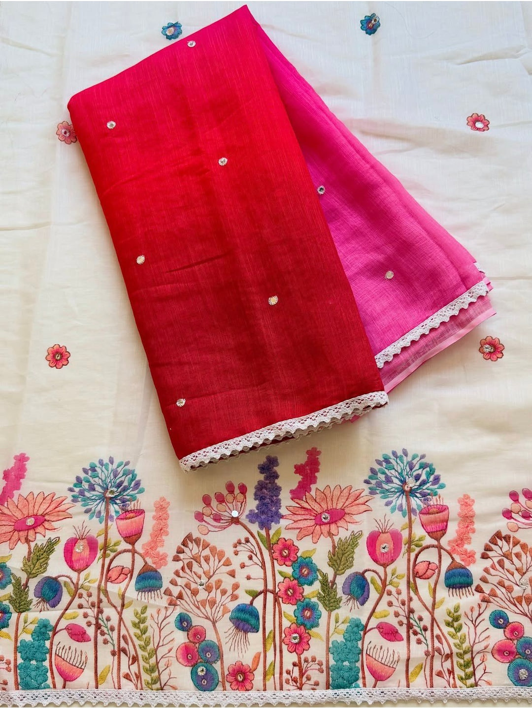 Peachmode Red Pink Ombre Linen Cotton Saree - Image 4