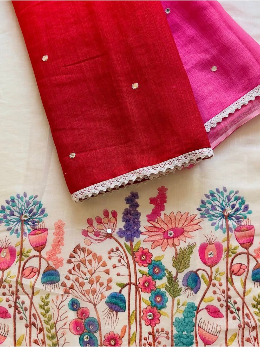 Peachmode Red Pink Ombre Linen Cotton Saree - Image 5