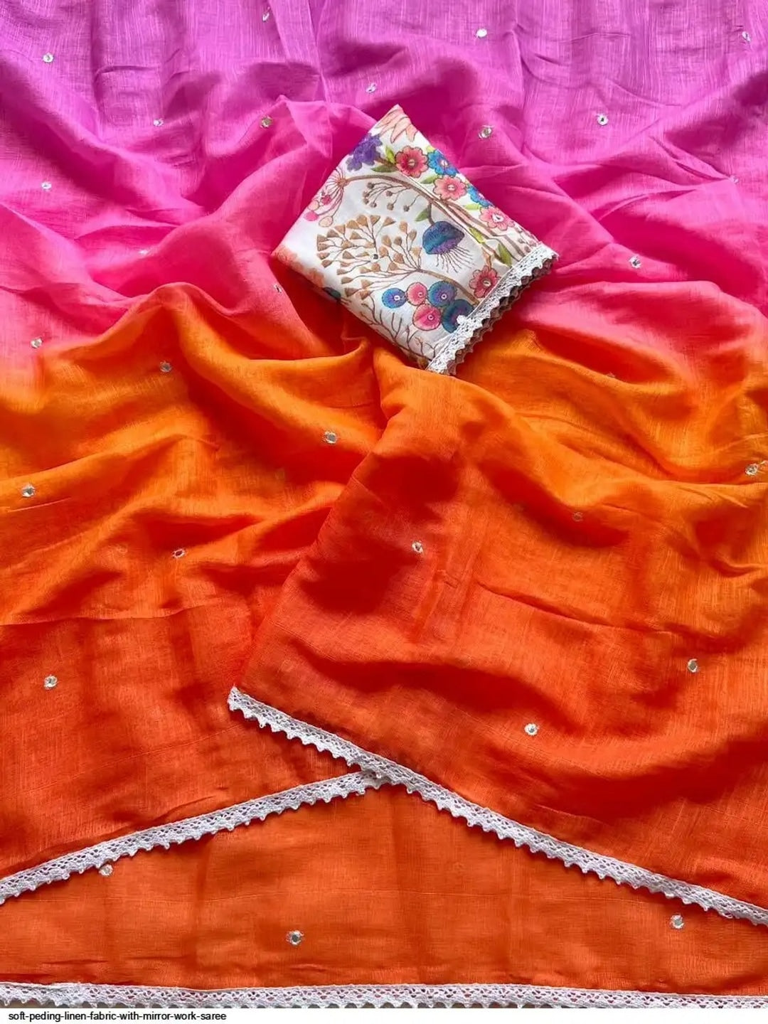 Peachmode Orange Pink Ombre Linen Cotton Saree - Image 2