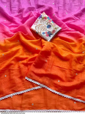 Peachmode Orange Pink Ombre Linen Cotton Saree - Image 2
