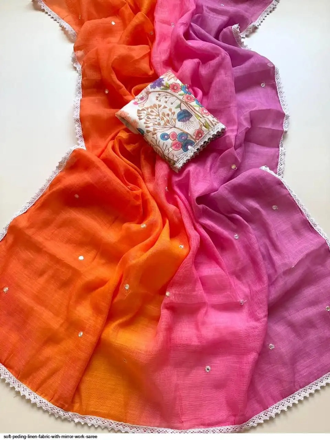 Peachmode Orange Pink Ombre Linen Cotton Saree - Image 3