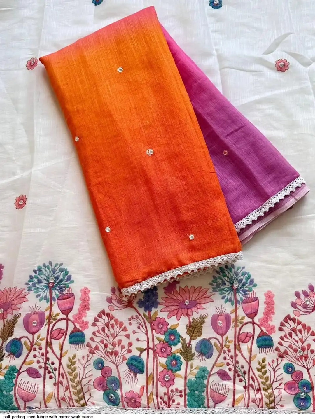 Peachmode Orange Pink Ombre Linen Cotton Saree - Image 4