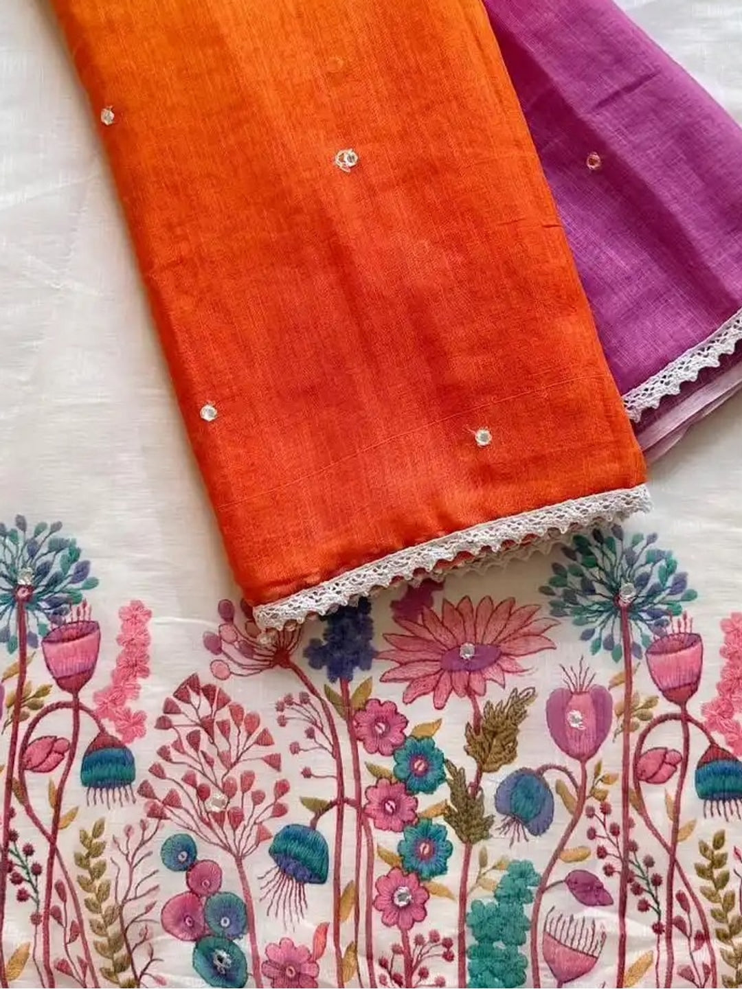 Peachmode Orange Pink Ombre Linen Cotton Saree - Image 5