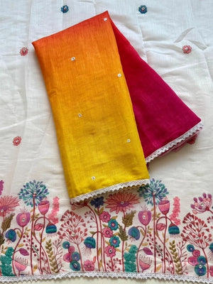 Peachmode Yellow Pink Ombre Linen Cotton Saree - Image 2