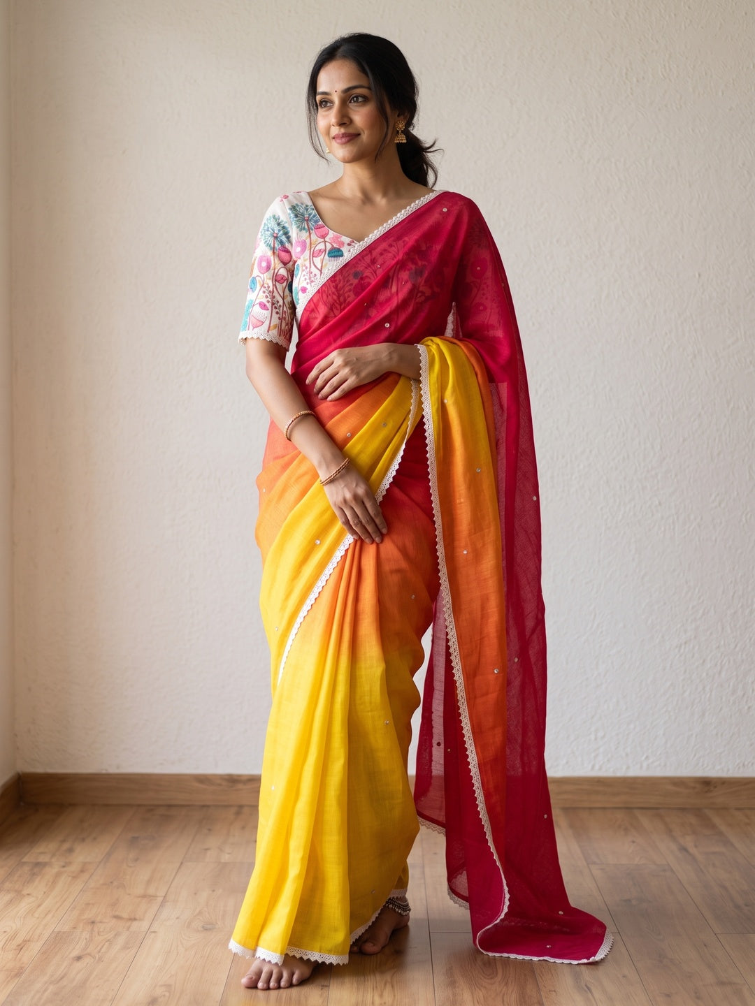 Peachmode Yellow Pink Ombre Linen Cotton Saree - Image 1