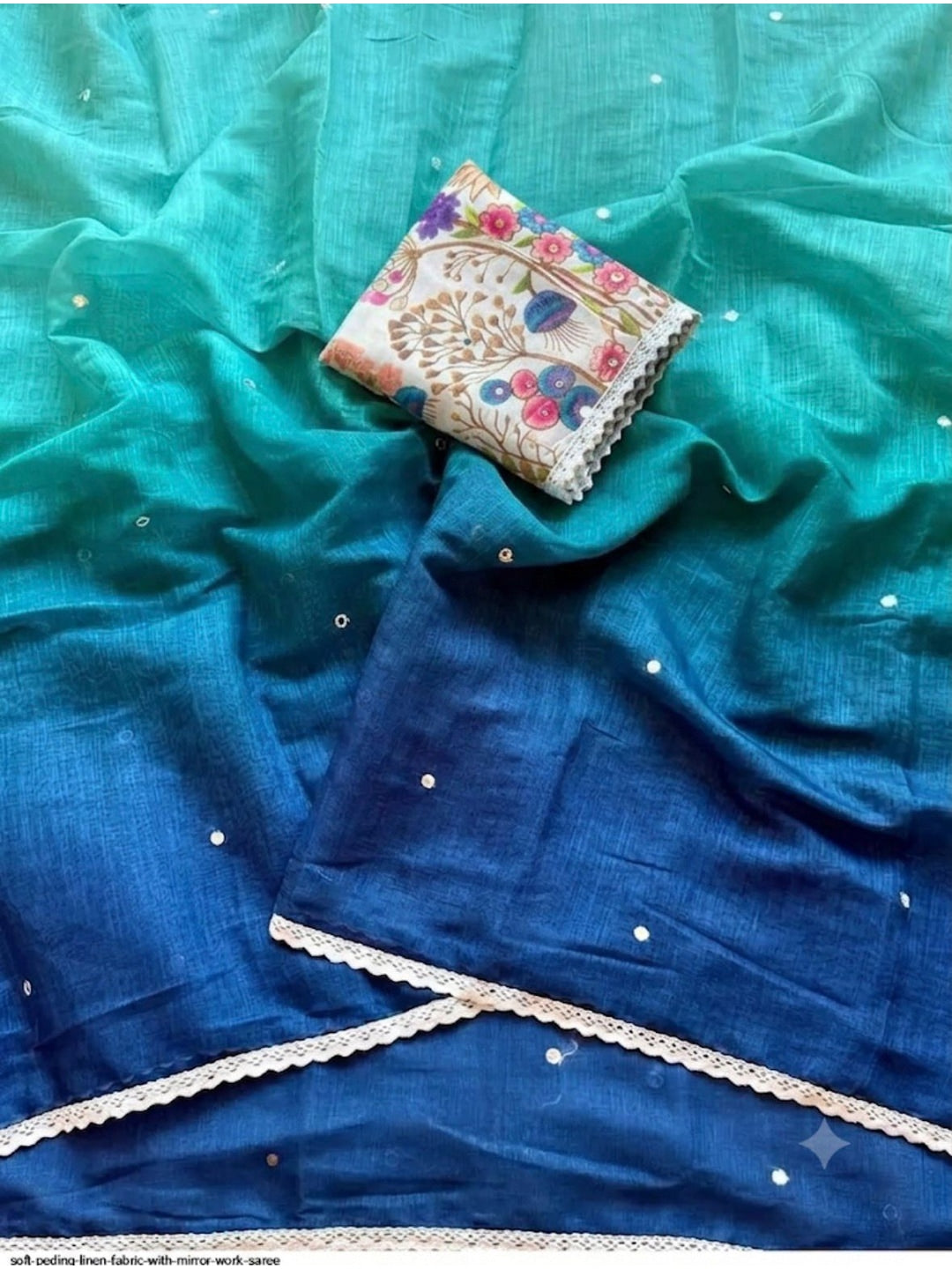 Peachmode Teal Blue Ombre Linen Cotton Saree - Image 2