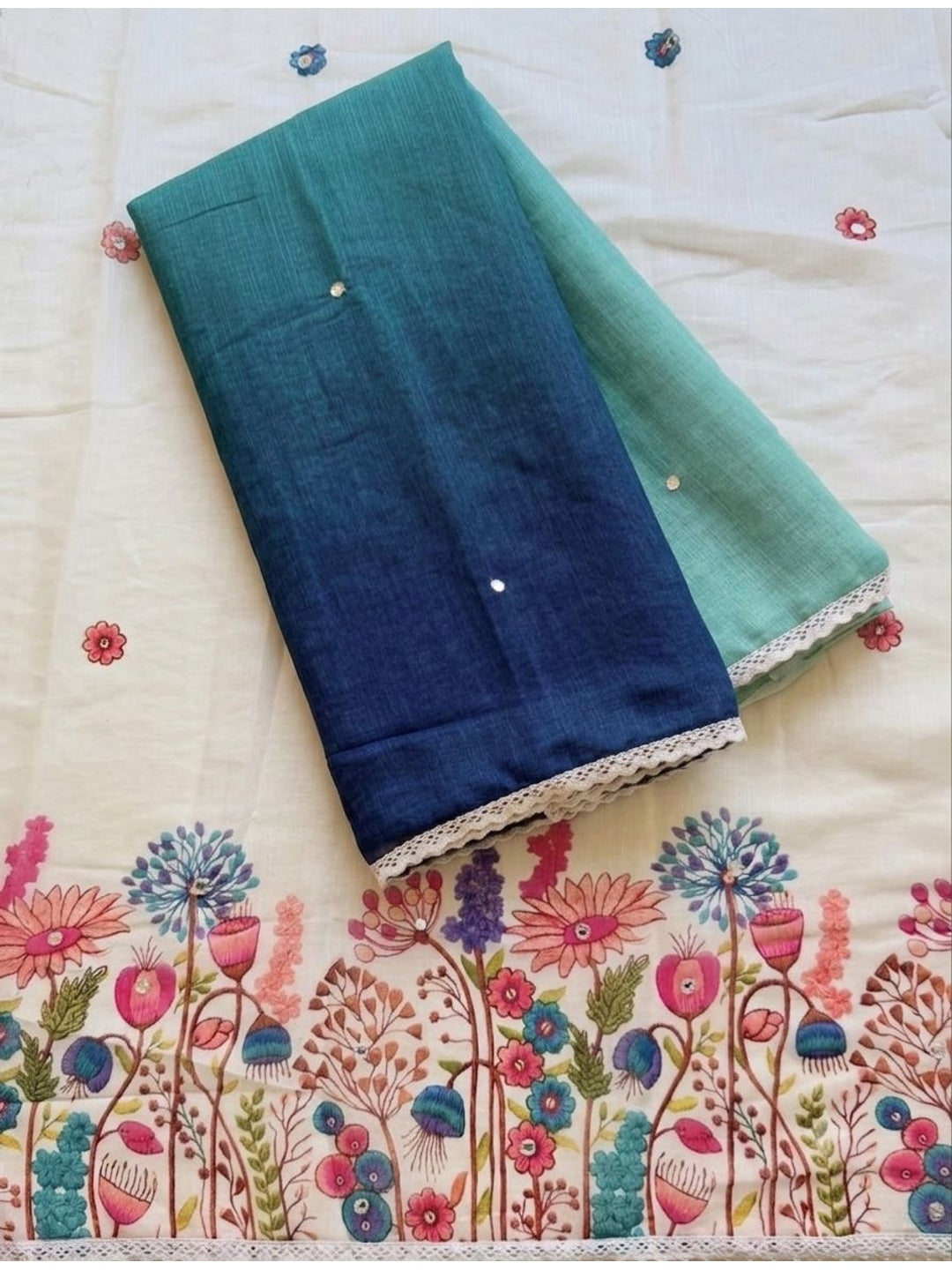 Peachmode Teal Blue Ombre Linen Cotton Saree - Image 4