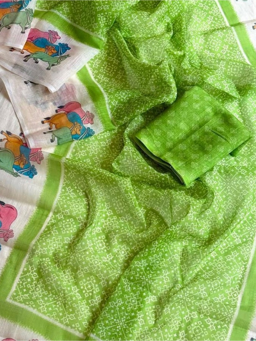 Peachmode Lime Green Pichwai Printed Linen Saree - Image 4