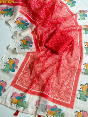 Peachmode Red Pichwai Printed Linen Saree - Image 2