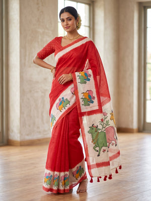 Peachmode Red Pichwai Printed Linen Saree - Image 1