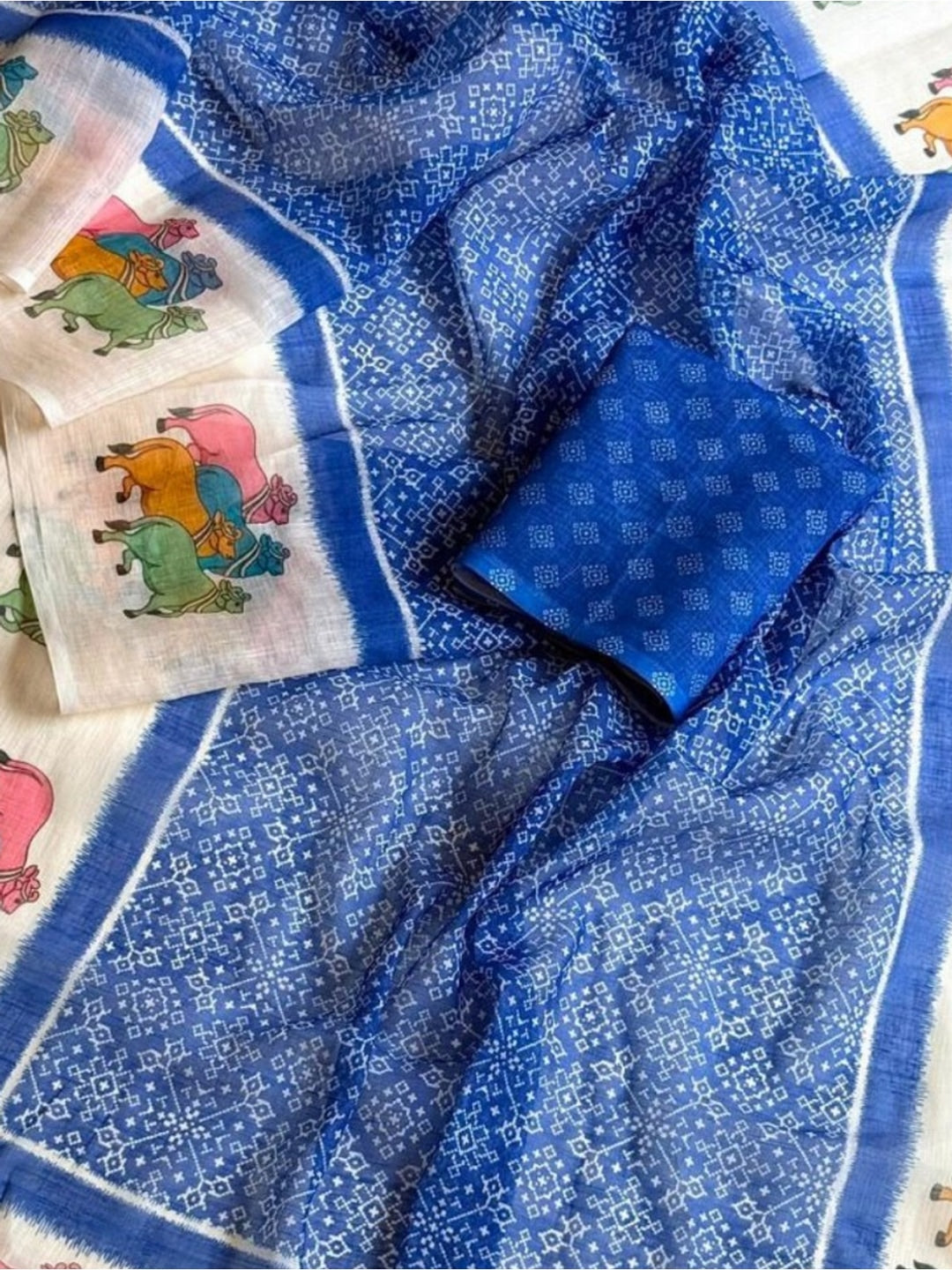 Peachmode Blue Pichwai Printed Linen Saree - Image 3