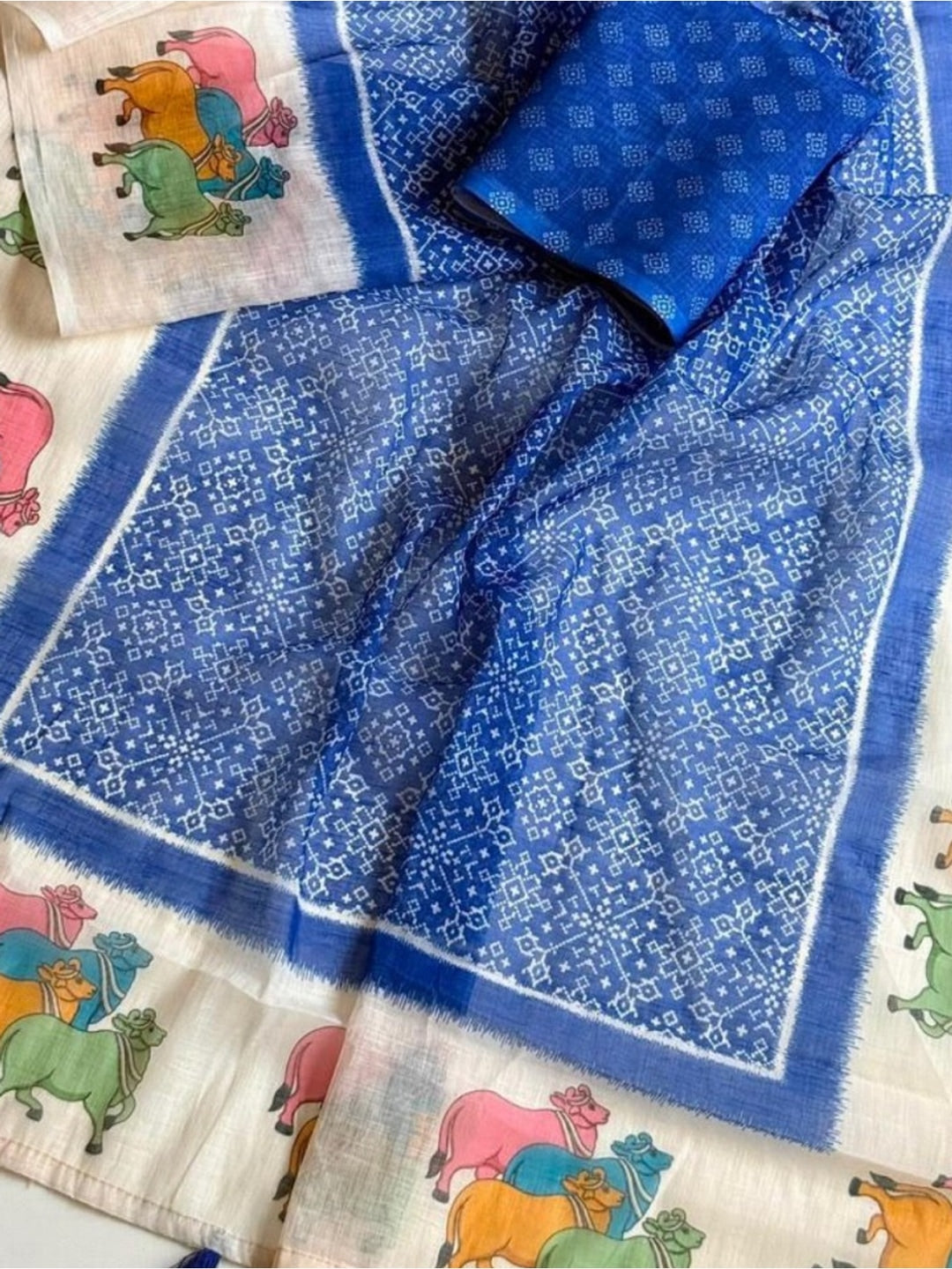 Peachmode Blue Pichwai Printed Linen Saree - Image 5